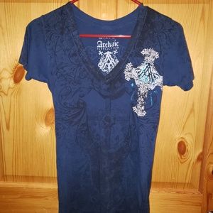 Archaic by AFFLICTION women's shirt XS blue Wings